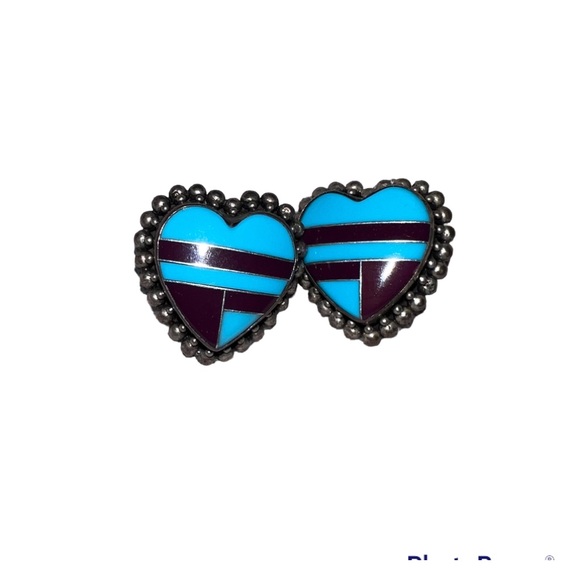 Vintage Sterling Silver Inlay Turquoise & Sugilite Heart Earrings - Picture 1 of 6